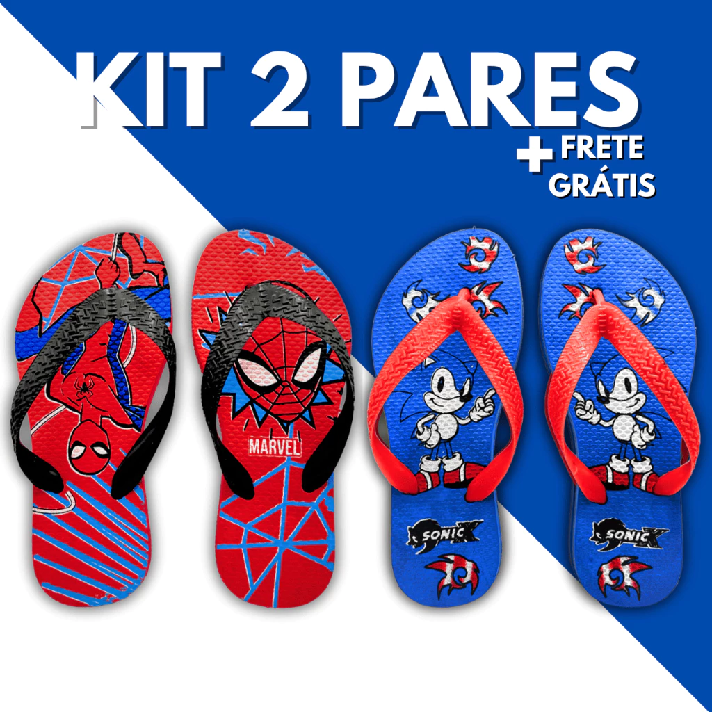 Kit 2 Pares Chinelo Sandalia Masculino Infantil Calçado Menino Confortável Leve Estampas Personagens Super Heróis Barato — imagem 1