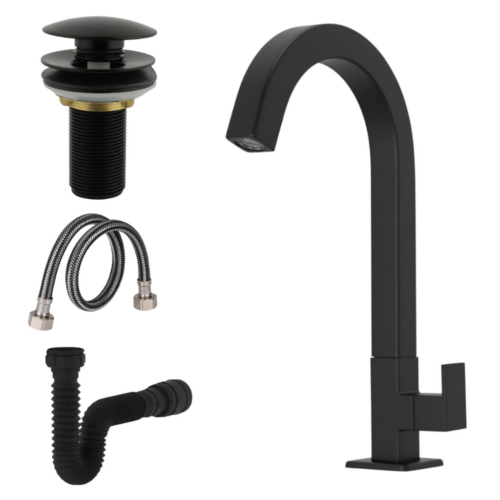 Torneira Preto Fosco Metal + Válvula Click + Sifão Sanfonado Universal + Engate
