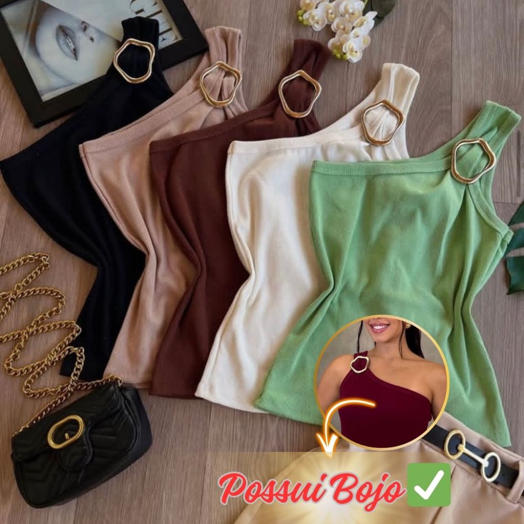 Regata Feminina Mula Manca Com Fivela e Bojo -Blusa Canelada Estilo Moda verão 2025