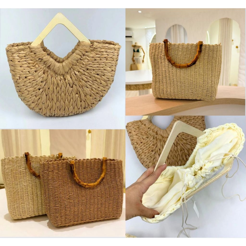 Bolsa De Praia Alça Bambu De Mão Transversal Palha Trançada Mulher Moda Verão Piscina