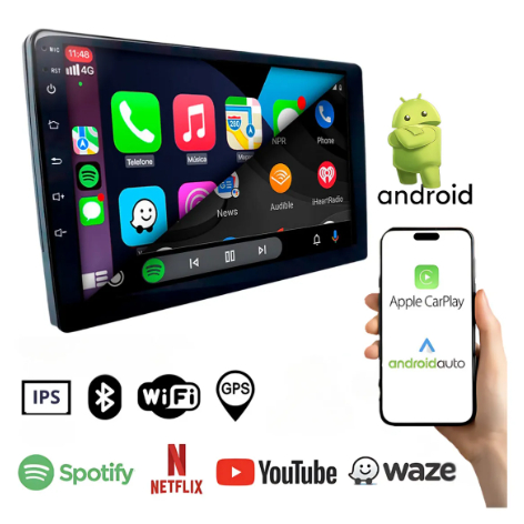 Multimidia 9 Polegadas Sistema Android GPS 2GB + 32GB Apps da Play Store Car Play e Android Auto Sem Fio HT-9223 H-Tech