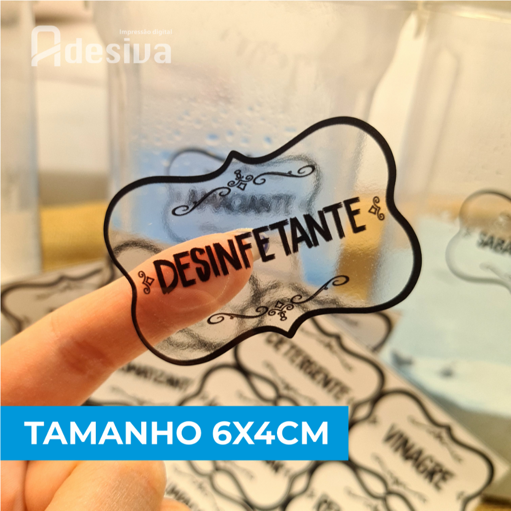 24 Adesivos para Produtos de Limpeza Organização Lavanderia 6x4 cm no Vinil Transparente