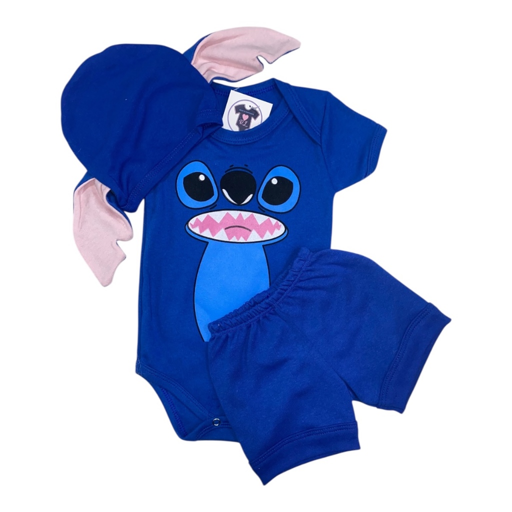 Body Bebe Menino-  STITCH AZUL+ Touca - Temático Mesversário