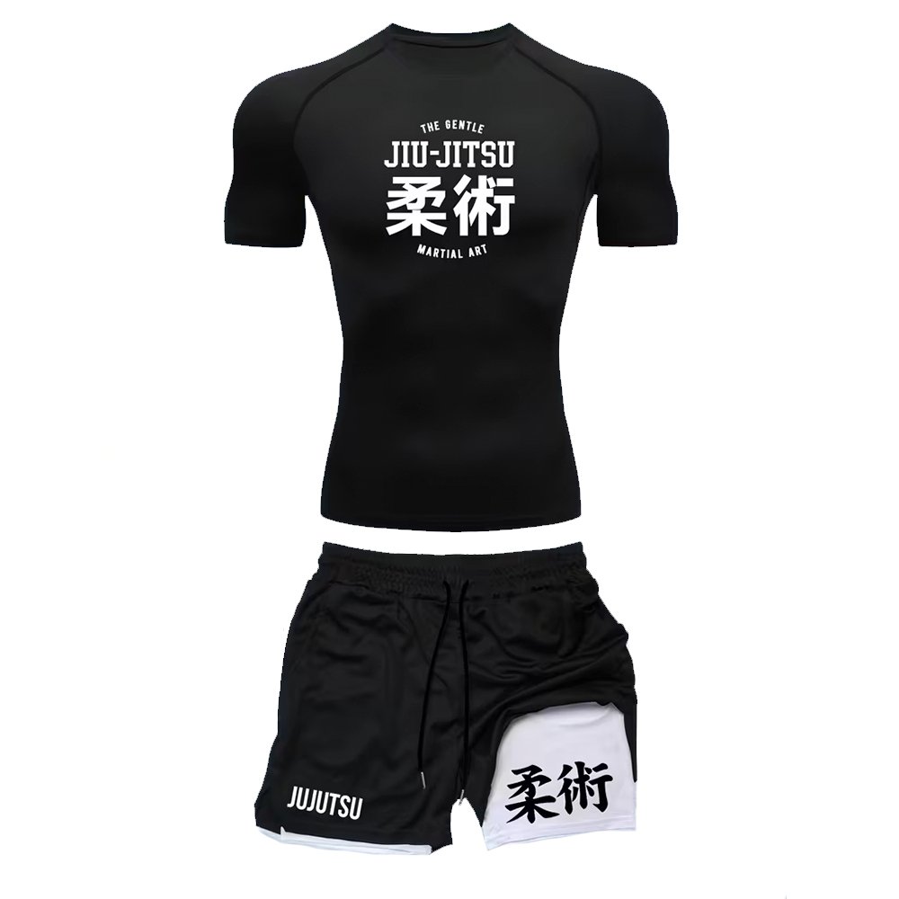 Kit Compressão Short 2 em 1 e Camiseta Arte Marcial Jiu Jutsu The Gentle Combat Arte Exclusivas