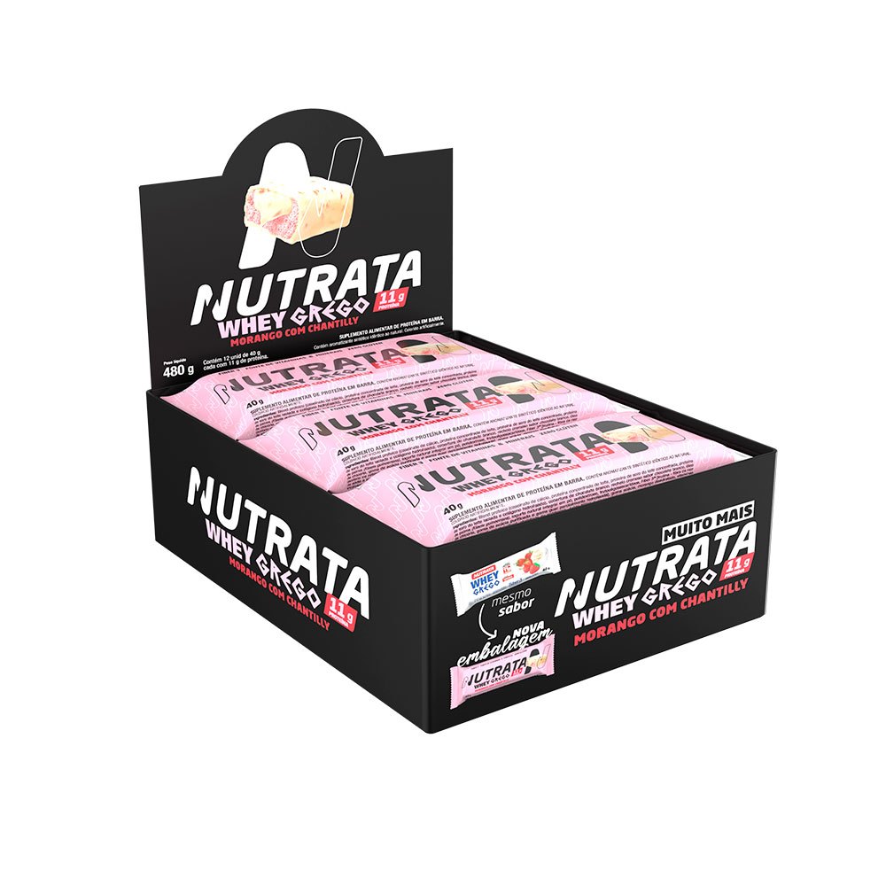 Barra Whey Grego Bar Morango com Chantilly - Proteina Nutrata Nutritiva 12x40g