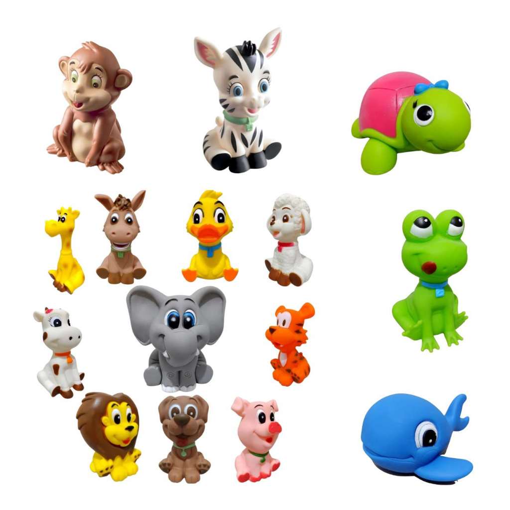 Kit 12 Brinquedos para Bebê em Vinil Macio Mordedor Brinquedo de Banho Animais Fazenda Safari