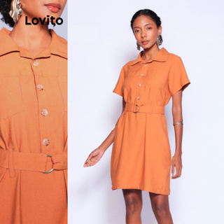 Lovito Vestido Curto Acinturado com Gola Manga Curta Casual Liso com Cinto Feminino LB956BRL986 em Oferta na Shopee