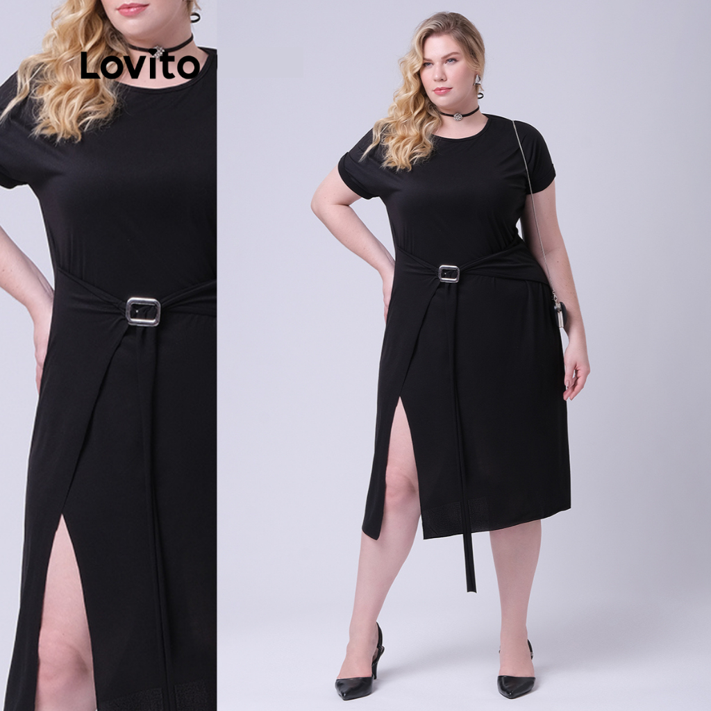 Lovito Vestido Plus Size Manga Curta Midi com Fivela Basico Feminino LB292BRL321 em Oferta na Shopee