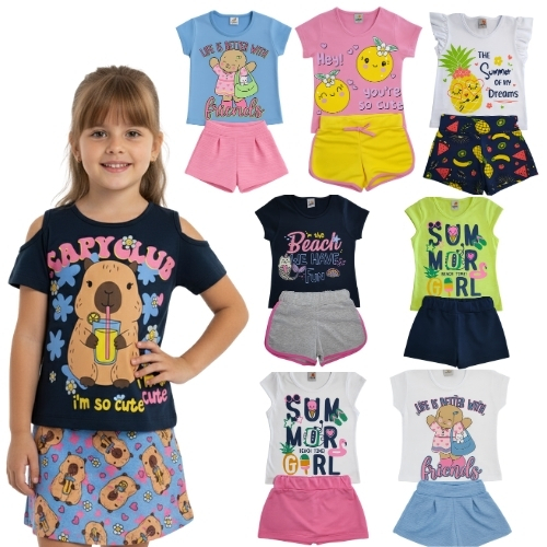Kit 8 Peças - Blusinha e Shorts Menina Verão | 4 Conjuntos Infantis Meninas | 2 ao 12
