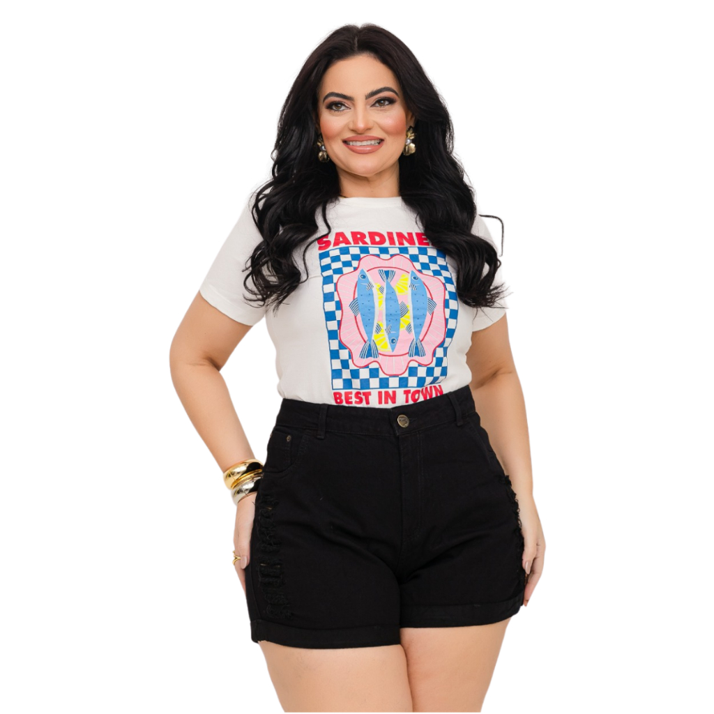 Short Jeans Feminino Plus Size Preto Empina Bumbum e Estilo Destroyed Rasgado Manu & Mel Moda Femini