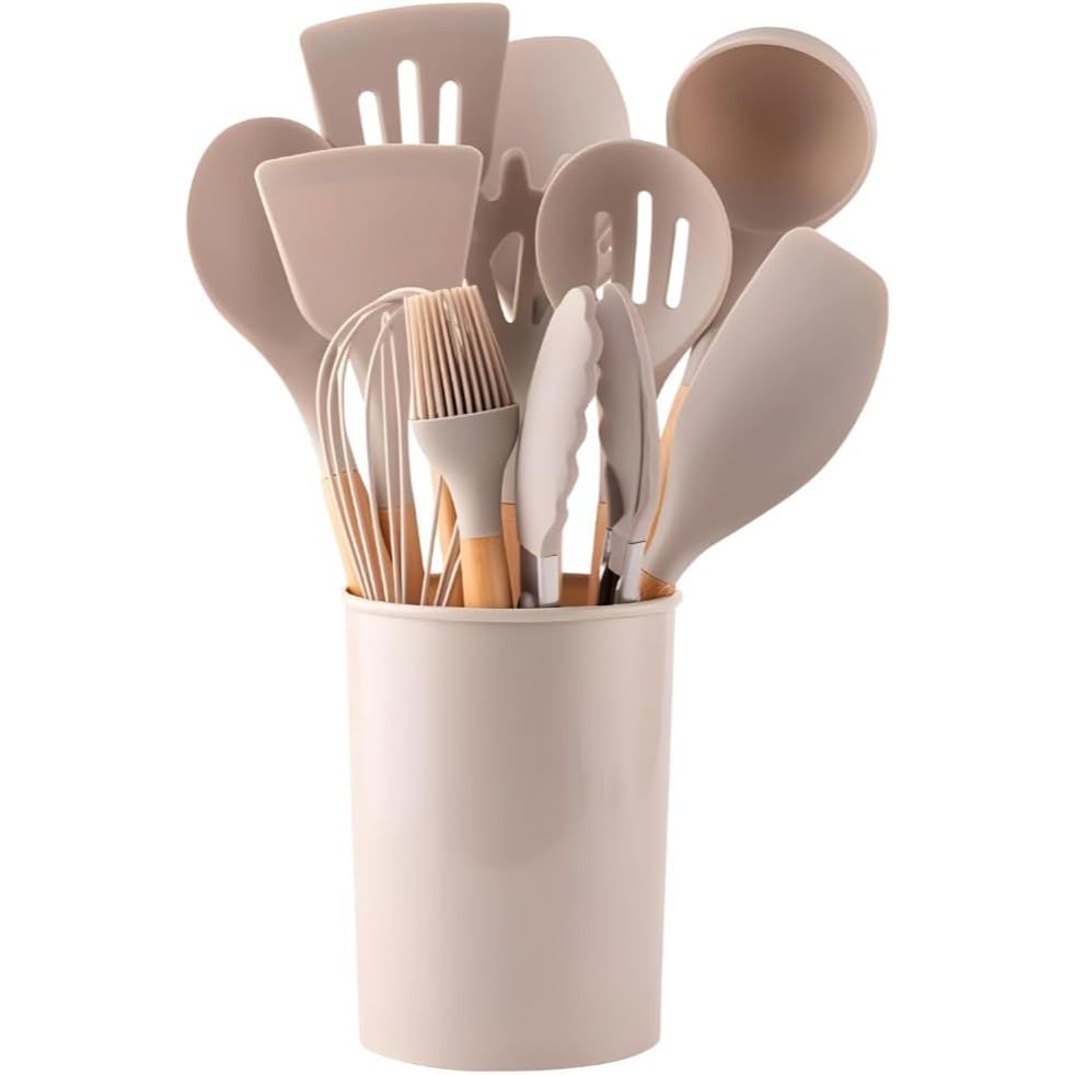 Kit Jogo Utensílios Silicone Premium Bege 12 Peças Grandes