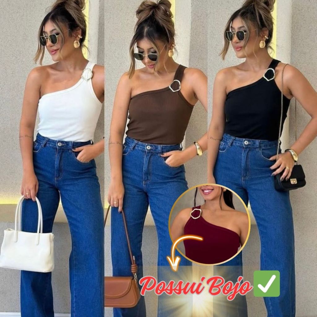 Regata Feminina Um Ombro só com Fivela e Bojo-Blusa Mula Manca malha Canelada