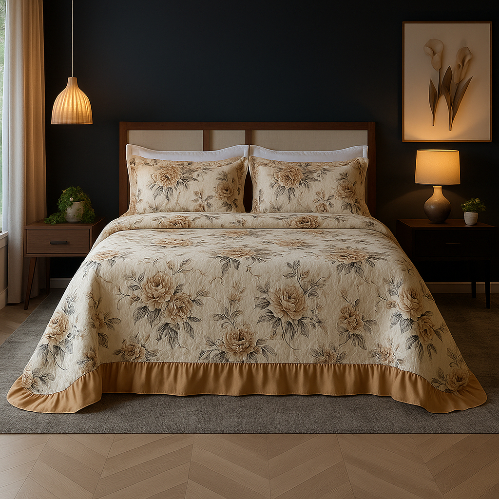 Colcha Queen Com Babado Cama Posta Box Kit 3 Peças Cobre Leito Floral Estampado