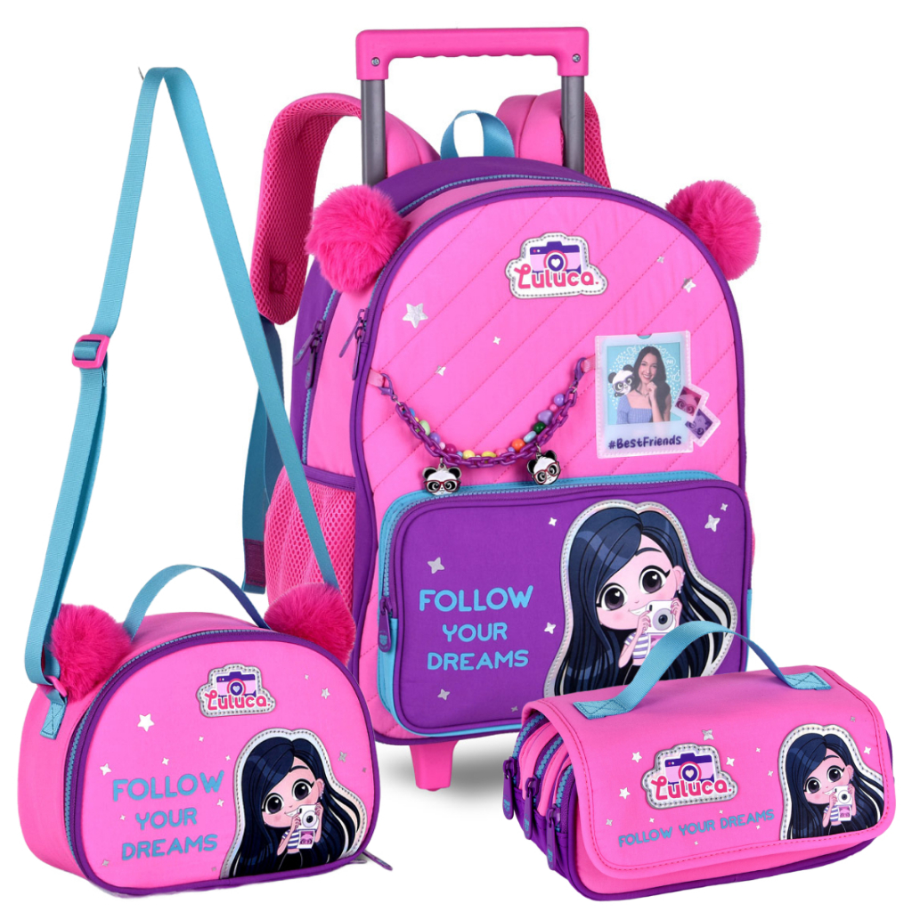 Kit Mochila de Rodinhas Luluca Infantil Escolar com Lancheira Térmica Estojo Espaçoso Original Clio