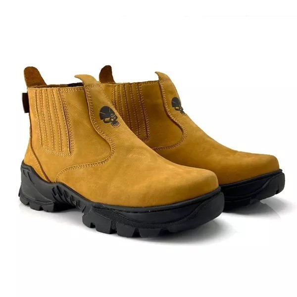 Botina Agro Rural Trabalho Segurança 100% Couro Sola Colada Costurada Palmilha Em Gel Camel