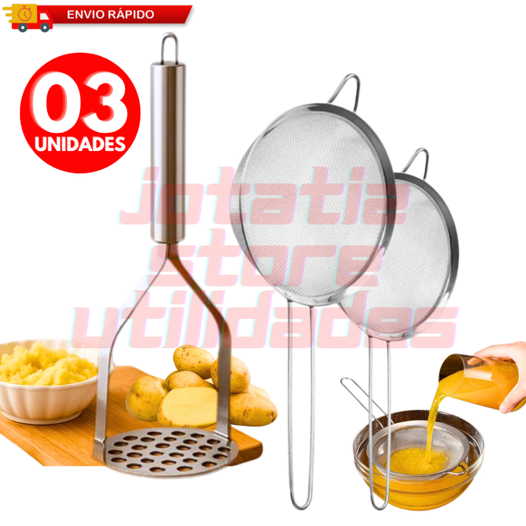 Kit 03/02 Peças Peneira Coador Manual Aço Inox Para Cozinha Utilidades + Amassador De Batata Premium