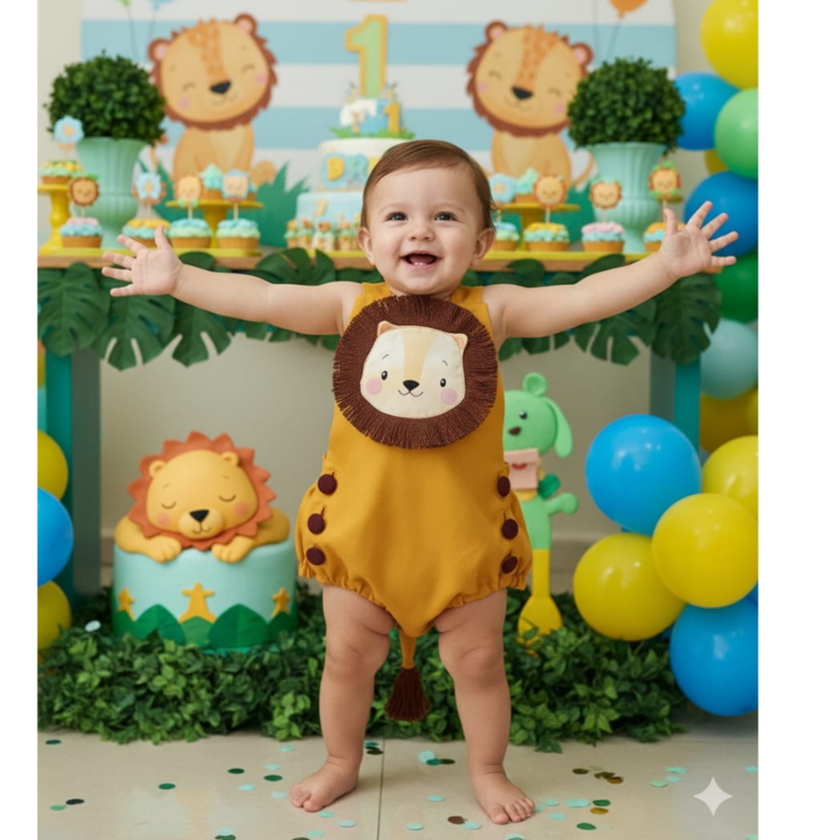 Jardineira Safari Leãozinho Baby Leão Romper Body Fantasia
