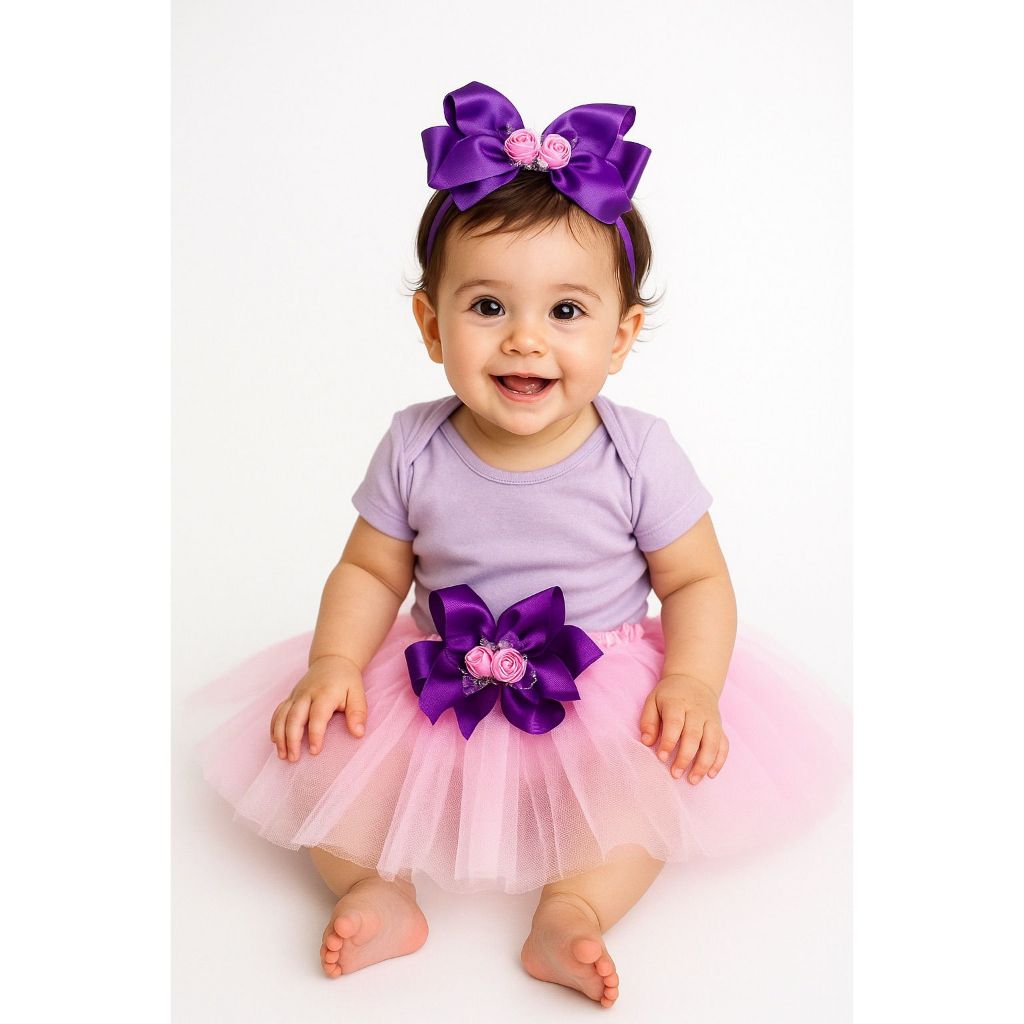Kit Saia Tutu Tule Infantil Bebê Menina Rosa Roupa Festa Aniversário Com Presilha Laço Floral 1 á 3 anos