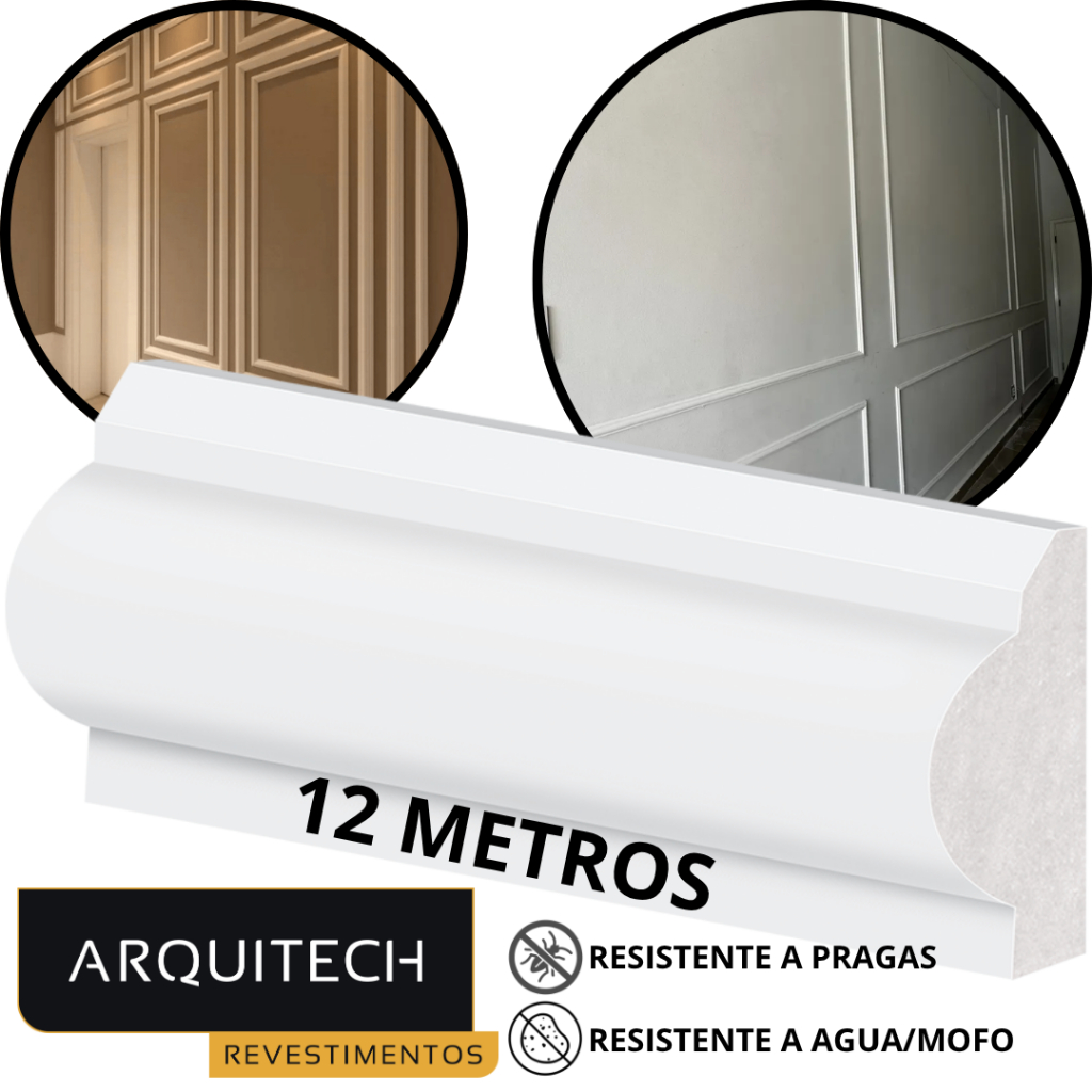 Kit 12 Metros Rodameio Boiserie 3cm Poliestireno Virgem Moldura Decoração Original Arquitech 1 Metro