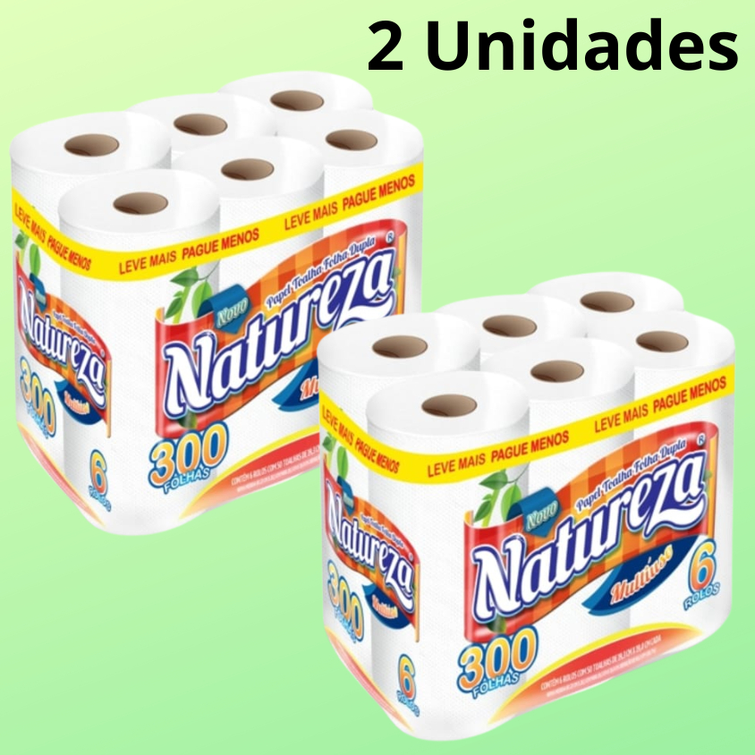 2 Pacotes Papel Toalha Cozinha Natureza Folha Dupla C/ 6 Rolos cada - Total 12 Rolos