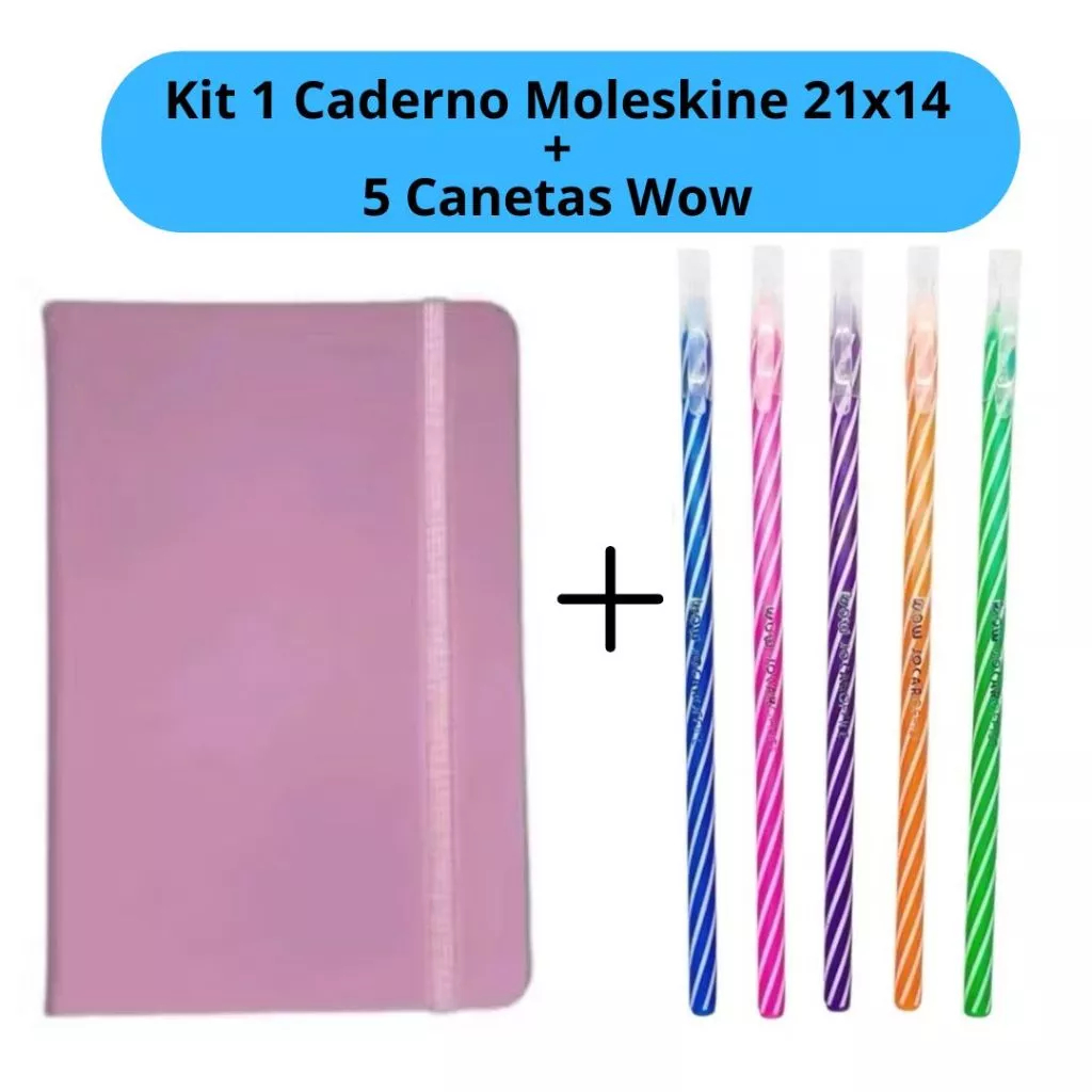Kit Caderno Moleskine 21x14cm + 5 Canetas WOW Coloridas Espiral Escolar em Oferta na Shopee
