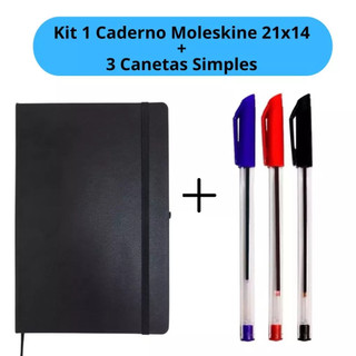 Kit Caderno Moleskine 21x14cm + 3 Canetas Simple Espiral Vermelha Preto Azul Escolar
