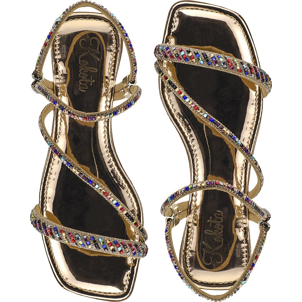 Sandália Rasteira Feminina Metalizada Transversal Com Strass e Abs Ajustável - Elegante, Macia e Confortável