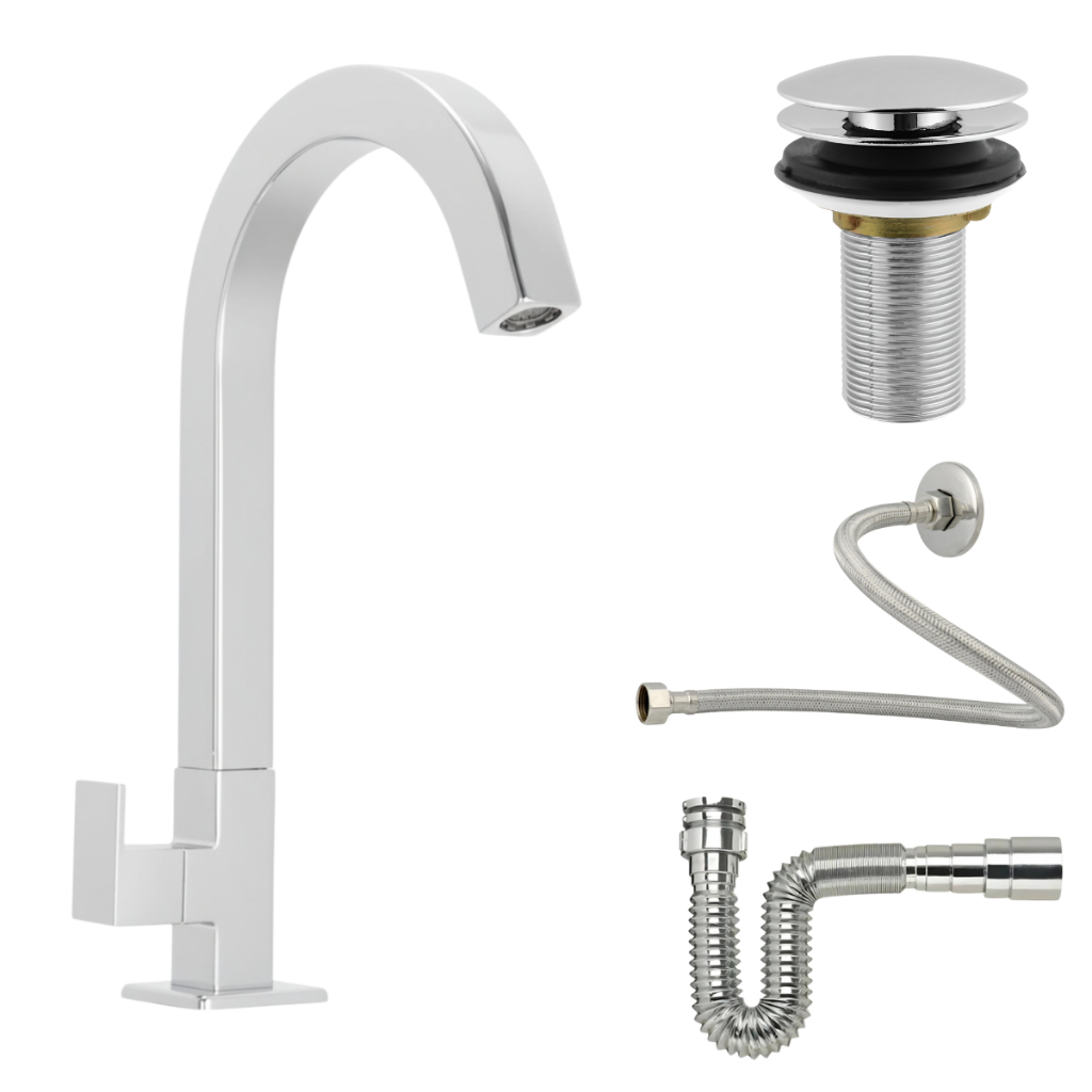 Torneira Banheiro Metal Cromada + Válvula Click + Sifão Sanfonado + Engate Flexí
