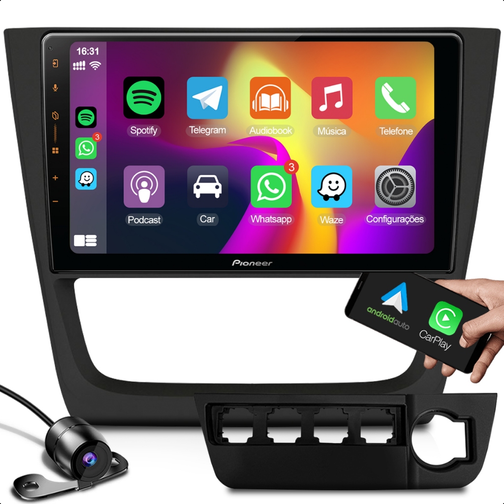 Som Automotivo Kit Multimidia Pioneer 9 Polegadas Carplay Sem Fio BT + Moldura Para Painel 2 Din