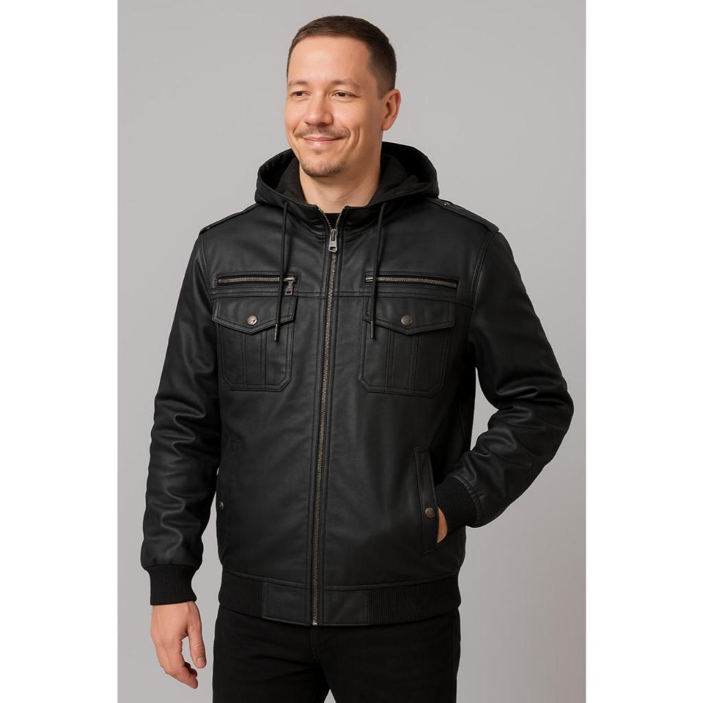 Jaqueta Blusa de Frio de Couro Forrada Preta Premium Com Touca Removivel out/inv 2025 Importada