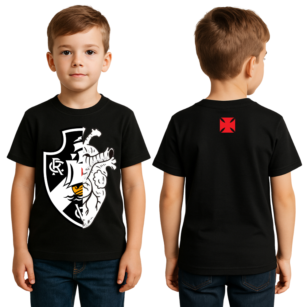 Camiseta Infantil Vasco Coração – Camisa Preta Menino Algodão Premium Futebol Times