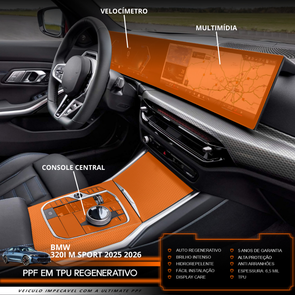 Película PPF Proteção Kit Console Central Velocímetro Multimídia BMW 320i M Sport 2025 2026 TPU Anti Risco