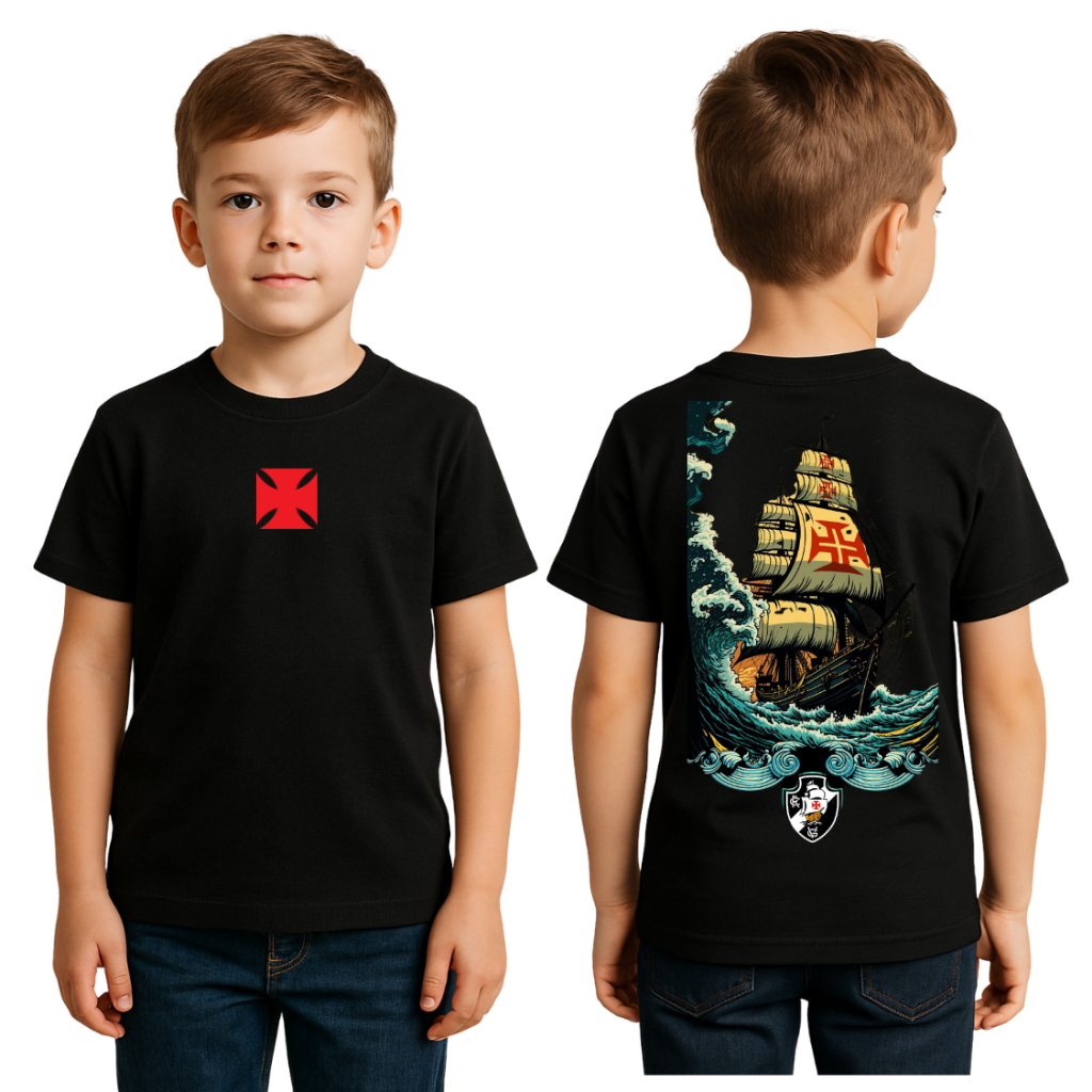 Camiseta Preta Vasco Infantil com Estampa de Caravela– Camisa Estilosa Torcedor Mirim