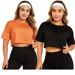 KIT COM 2 Cropped Feminino Baby Look Academia Fitness Tecido DryFit Com Decote Não Retem Suor em Oferta na Shopee
