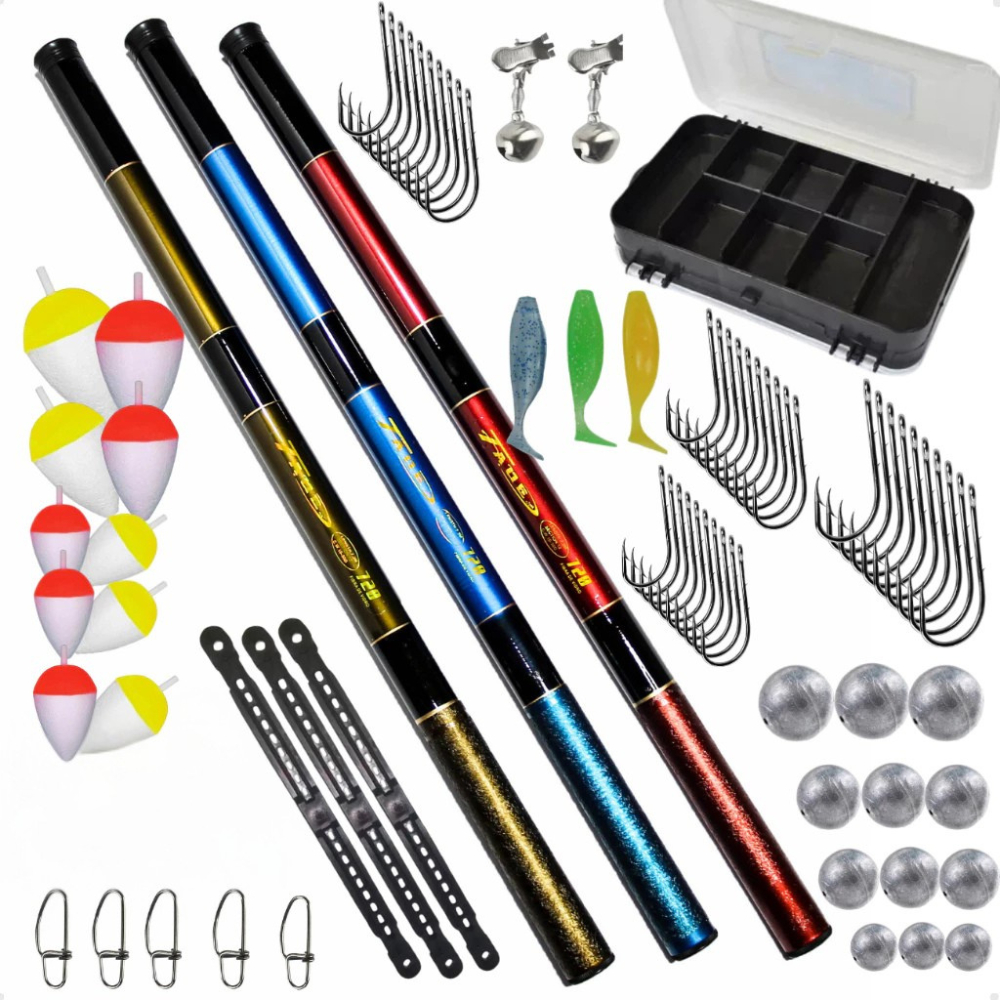Kit Pesca 3 Varas Telescópica 3 Mts Estojo Acessórios boia anzol chumbada isca sino snap em Oferta na Shopee