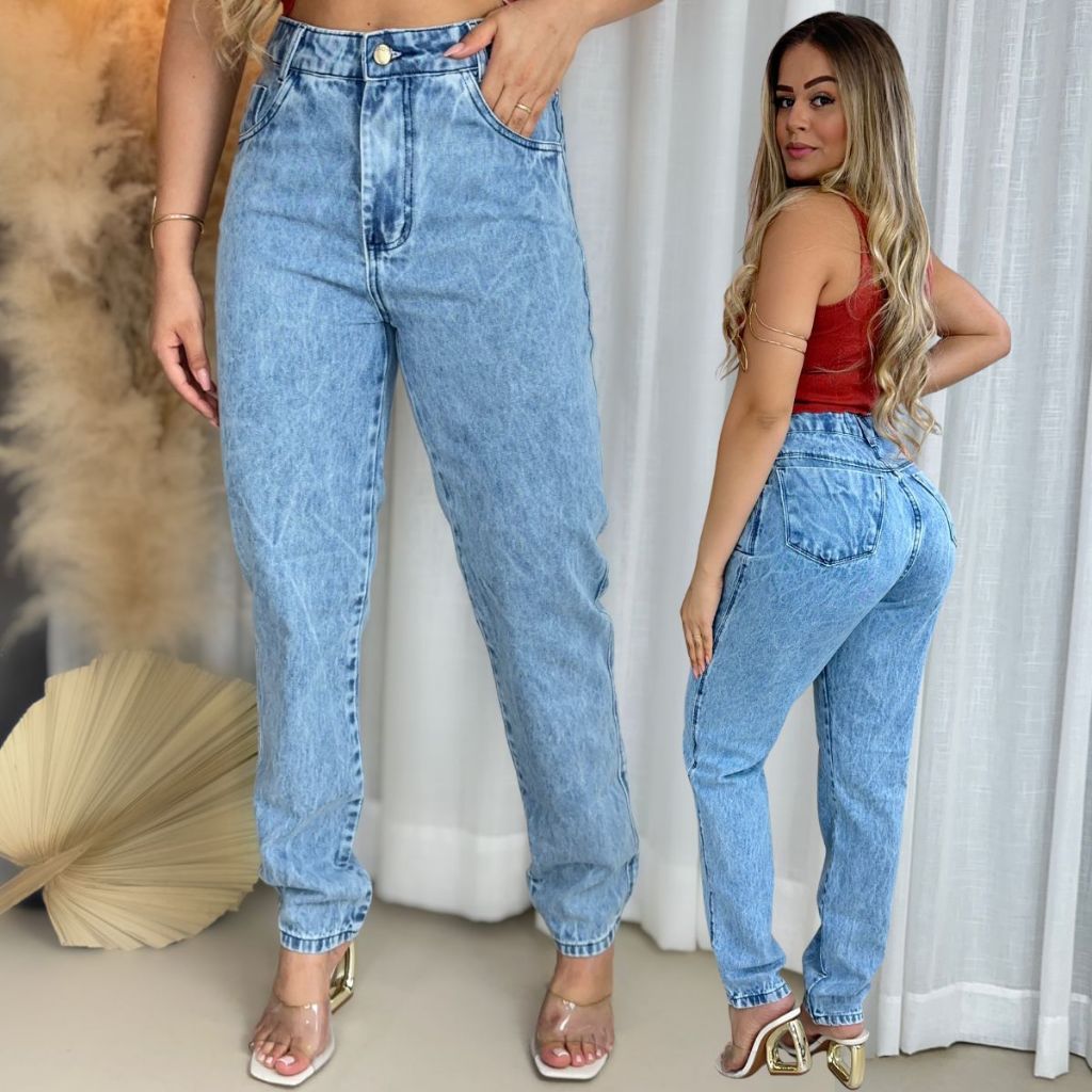 Calça Jeans Feminina Mom Jeans Cintura Alta Levanta Bumbum 100% Algodão Premium Cós Alto em Oferta na Shopee