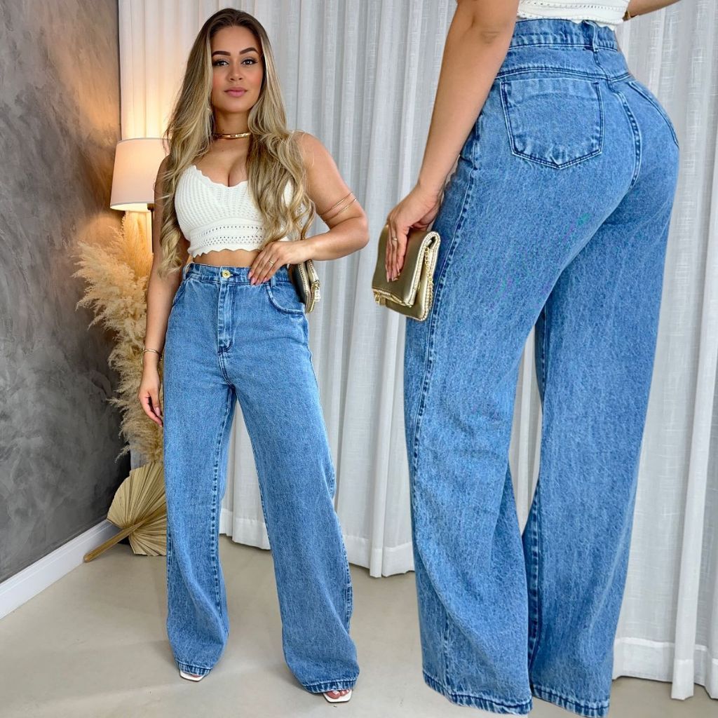 Calça Jeans Feminina Wide Leg Pantalona Marmorizada Cintura Alta 100% Algodão Premium
