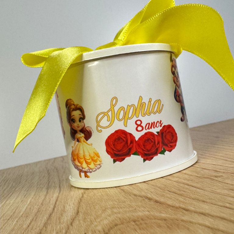Mini Tubolata Personalizada  Tema Princesa Bela com Laço – Lembrancinha de Aniversário 5x6cm