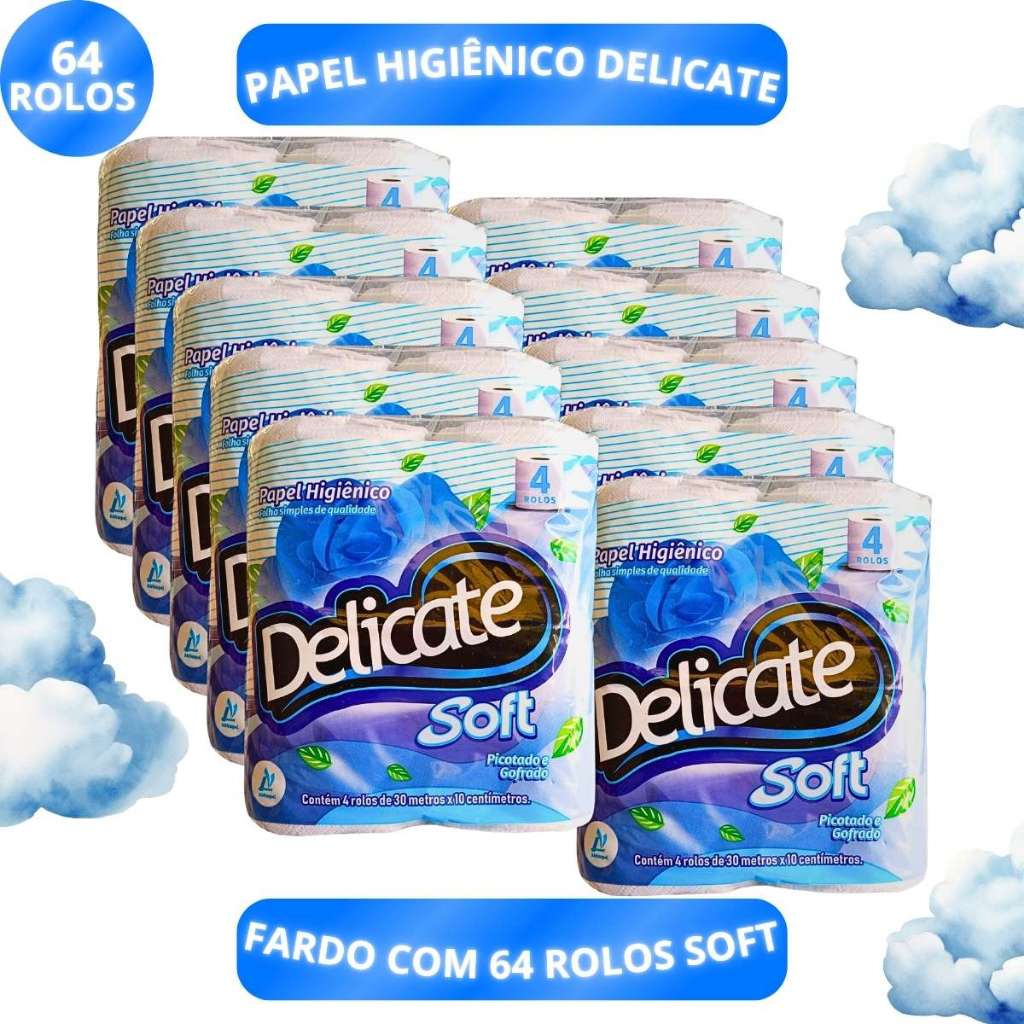 Kit 64 Rolos Papel Higiênico Delicate 30 Metros Soft Suave Simples 16X4 Unidades Fardo