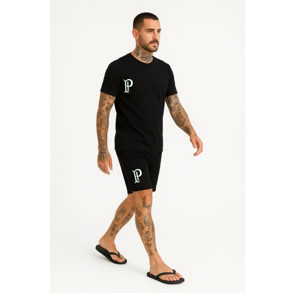 Kit Conjunto Bermuda Camiseta e Chinelo Palmeiras Masculino Confortável Estilo