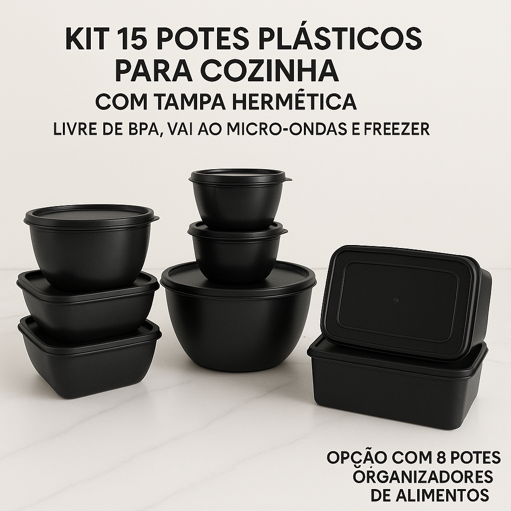 Kit 15 Potes Herméticos BPA Free – Vasilhas Plásticas Resistentes para Freezer, Micro-ondas e Organização de Alimentos
