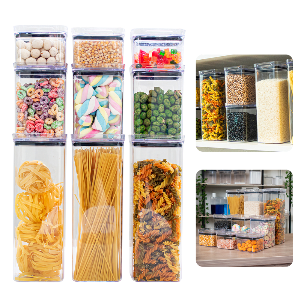 9 Potes Herméticos Acrílico Cristal Quadrado Empilháveis com Vedação Mantimentos 3 Tamanhos Promoção em Oferta na Shopee