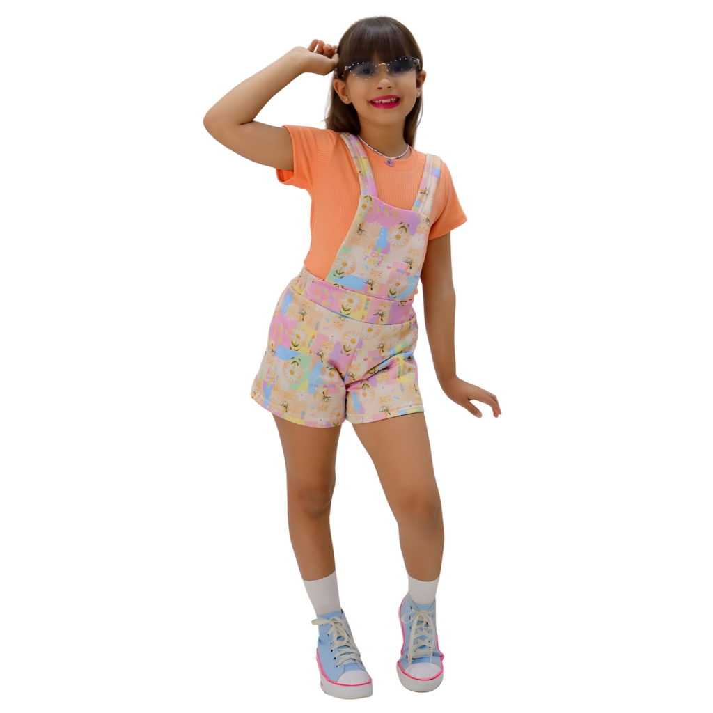Conjuntinho Feminino Infantil Jardineira Estampada e Blusa Verão