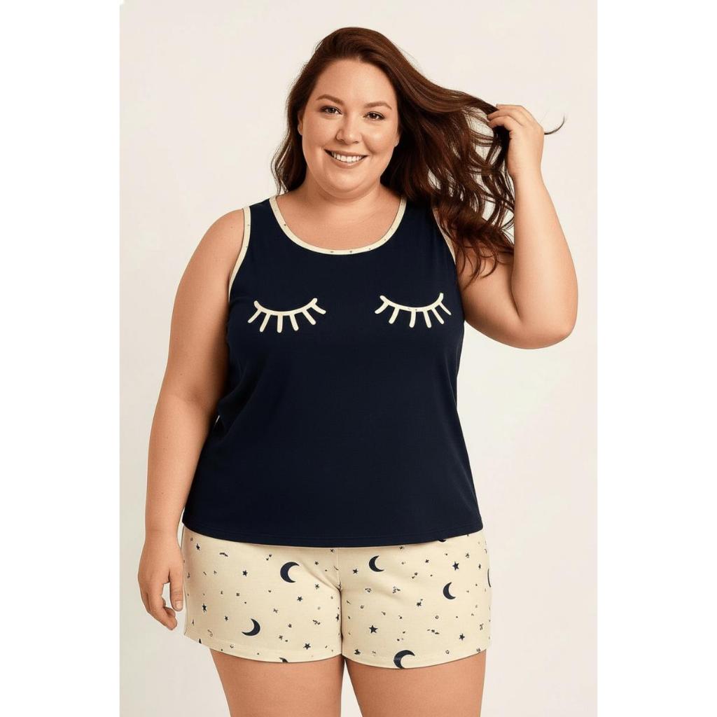 Baby Doll FB Plus Size Cilios Regata Malha Premium Estampado Short Doll Feminino Tamanho especial