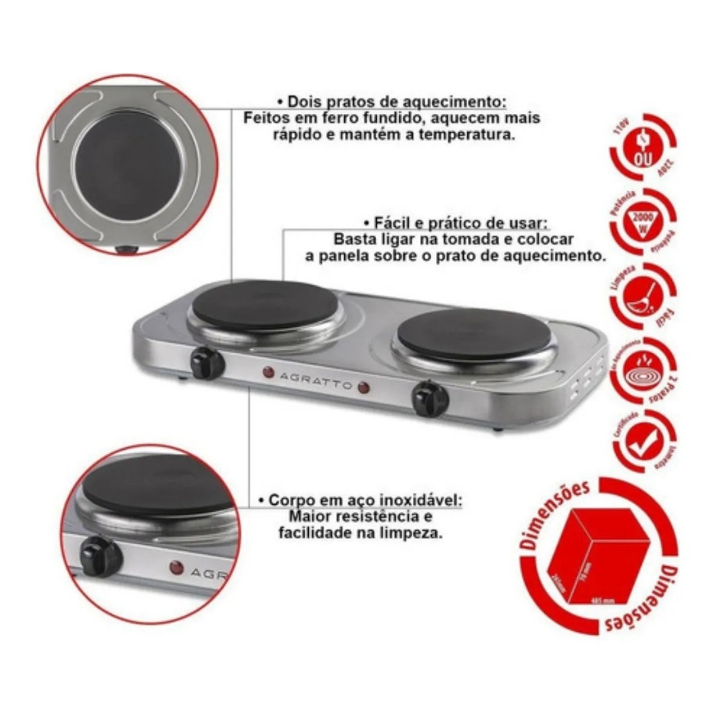 Kit 2 Fogão Elétrico Cooktop Fogareiro 2 Bocas Agratto 2000 W 127v ou 220v