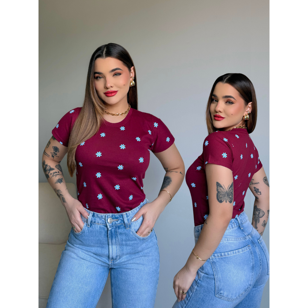 Blusas Feminina T-shirt Básica Manga Curta Estampada Estilosa 100% Algodão Confortável