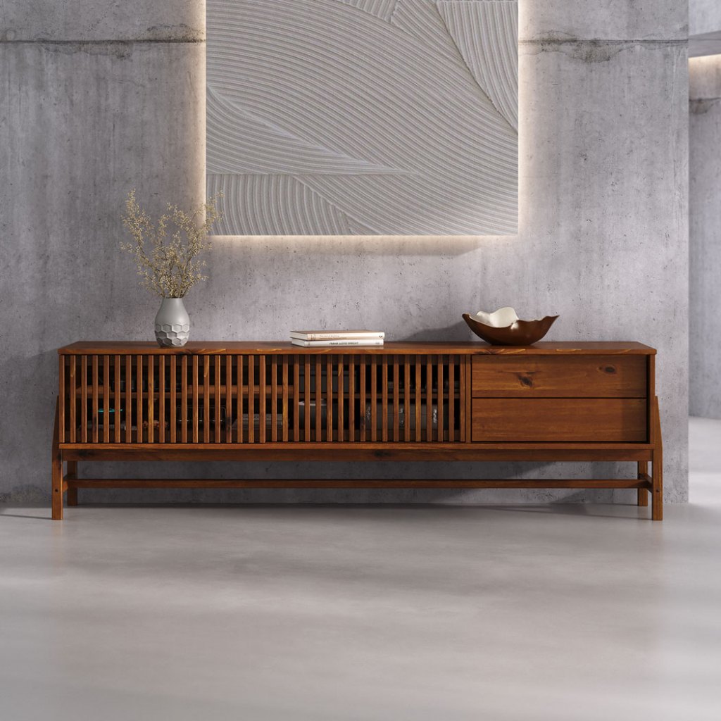 Rack Ripado Para Sala TV 75 Polegadas Minimalista 2 Gavetas Madeira Castanho Adamo em Oferta na Shopee