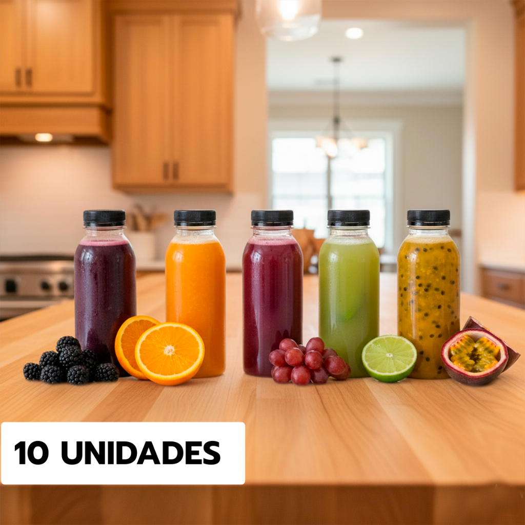 10 Garrafas Pet Plástica Tampa com Lacre 300ml P/ Sucos Molhos Açaí Caldo de Cana Vitaminas
