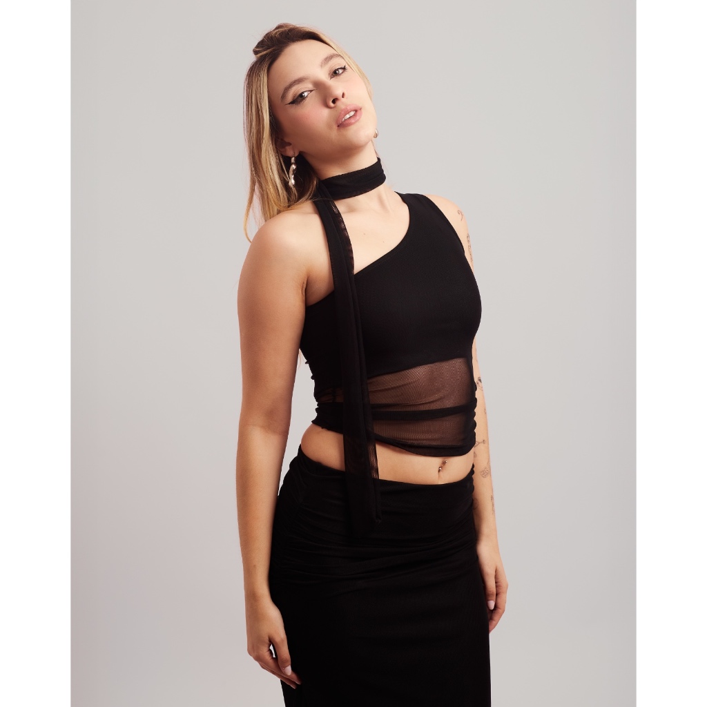 Cropped Feminino Paty Tule Transparente Multiformas Amarração Pescoço Scarf Natal Réveillon Festa