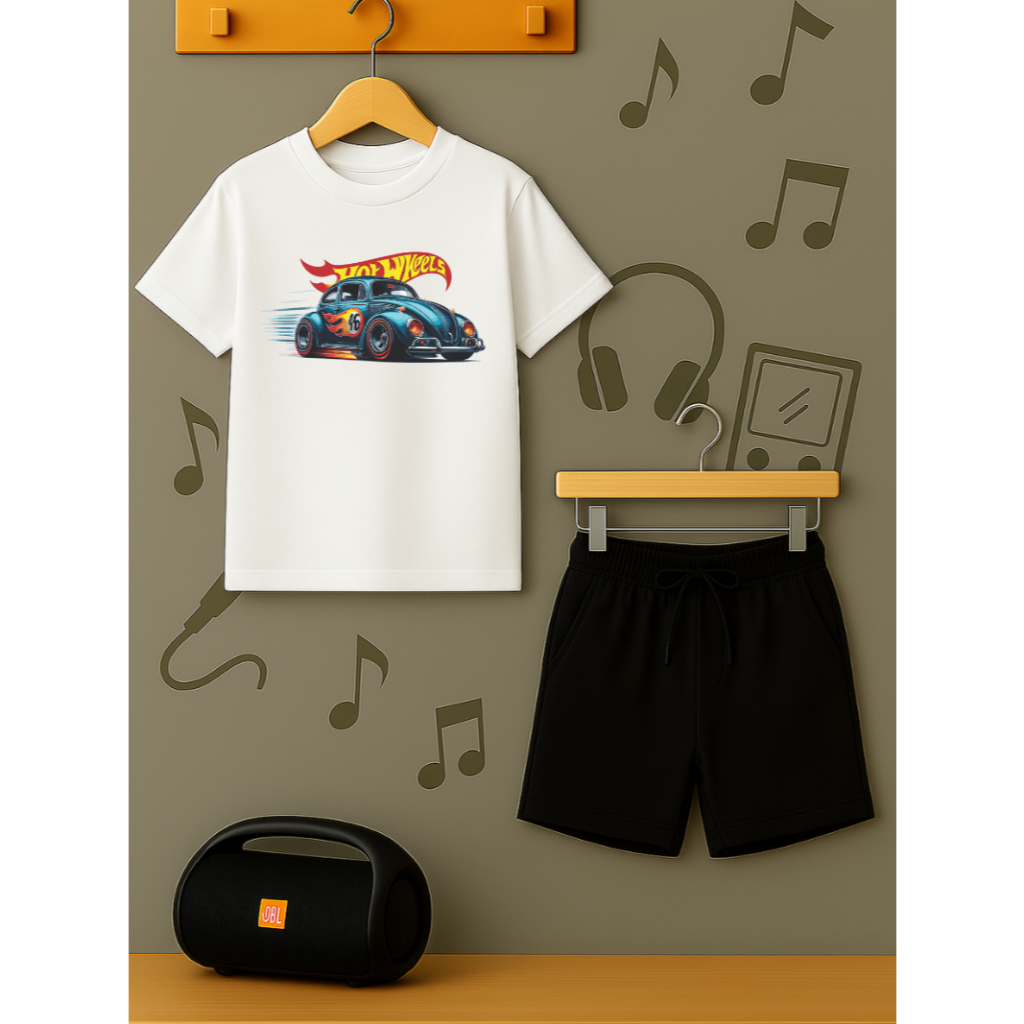 Conjunto Hot Wheels Fusca Infantil Juvenil Camiseta e Bermuda Moletom Algodão Macio Menino Menina